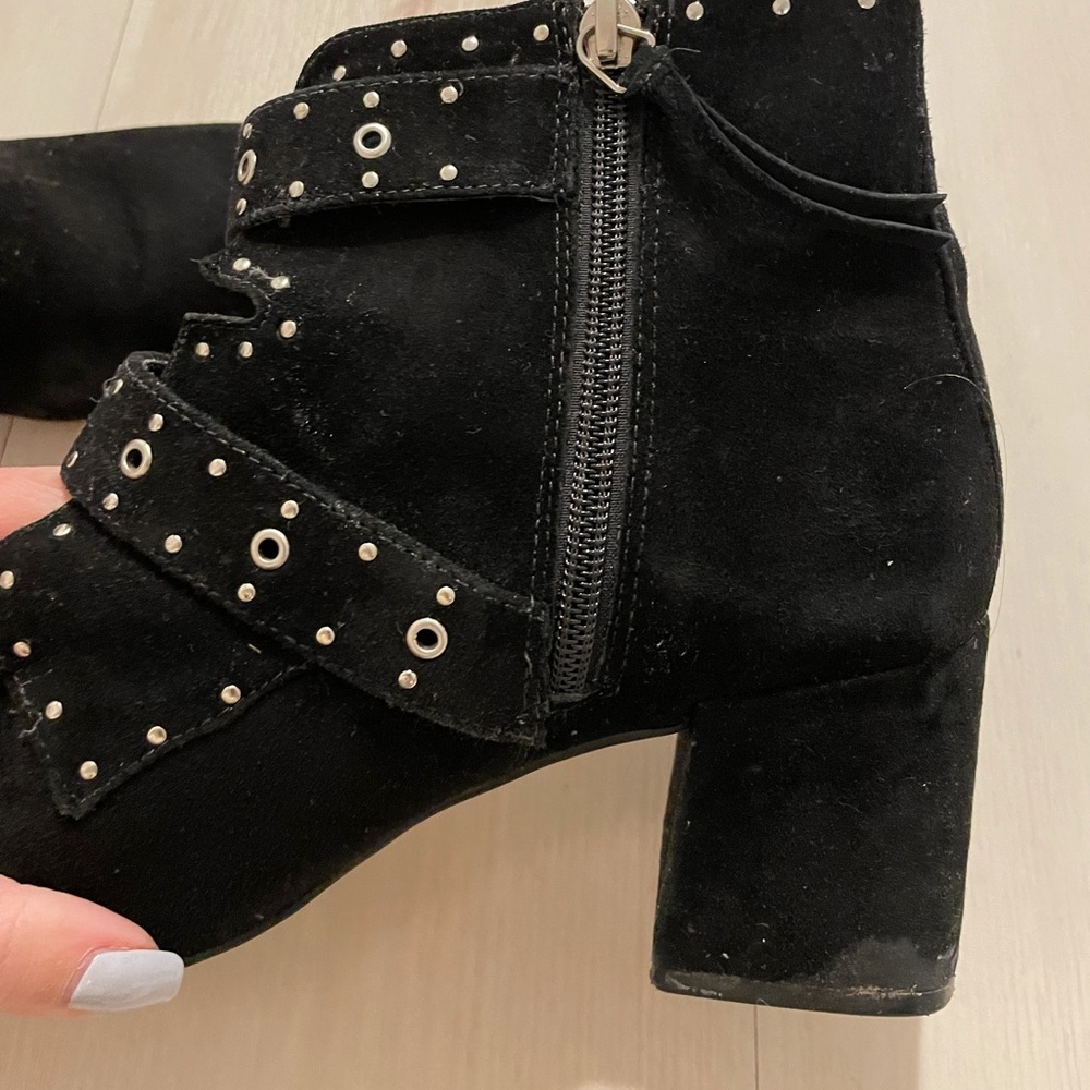 Rebecca Minkoff Black Suede Studded Buckle Ankle Boots - Picture 8 of 8